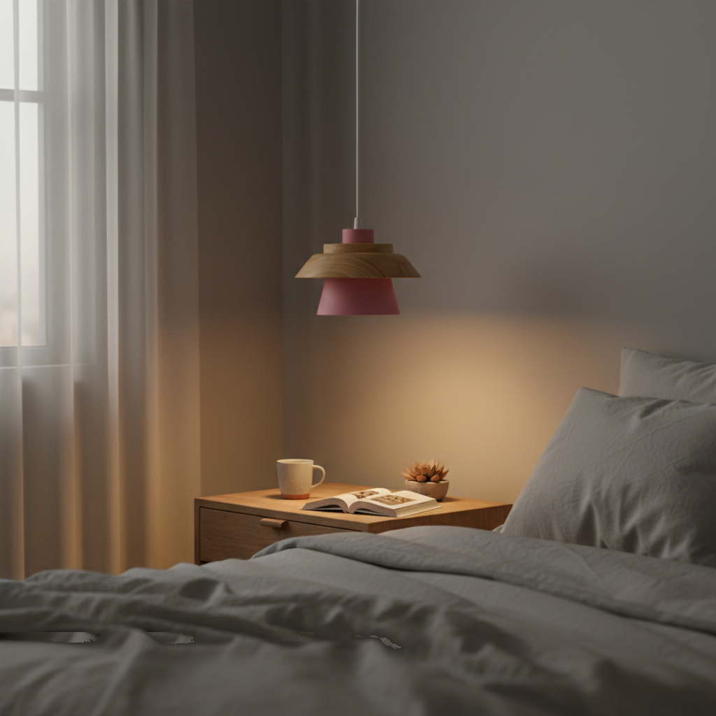 Suspension Macaron Bois et Metal Rose Nordique allumée diffusant sa lumière