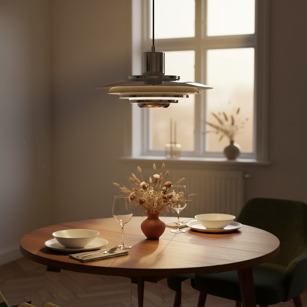 Suspension Métal Argenté Design Scandinave allumée diffusant sa lumière