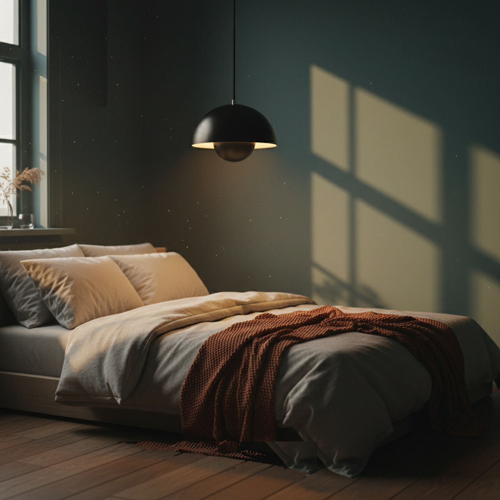 Suspension Métal Design Bourgeon Noir allumée diffusant sa lumière