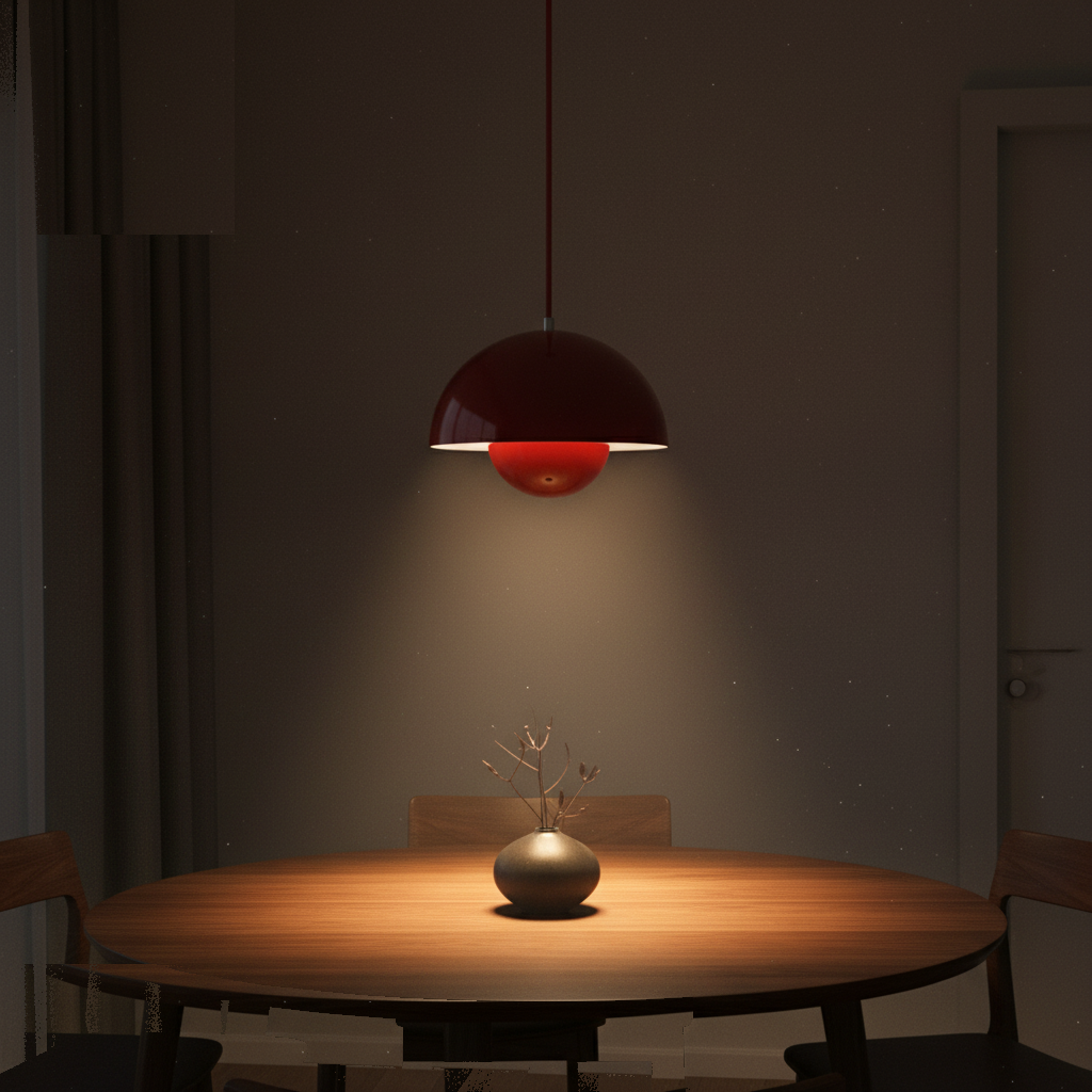 Suspension Métal Flowerpot Rouge allumée diffusant sa lumière
