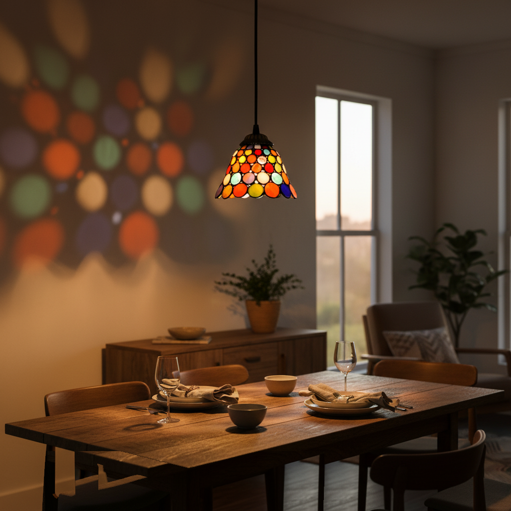 Suspension Mosaïque Verre Coloré Bohème allumée diffusant sa lumière