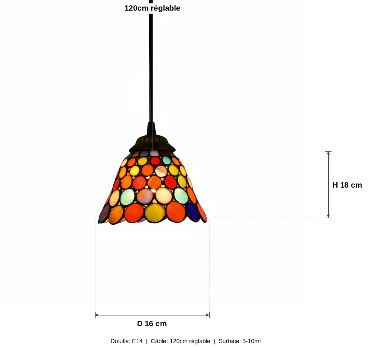 Suspension Mosaïque Verre Coloré Bohème - schéma des dimensions