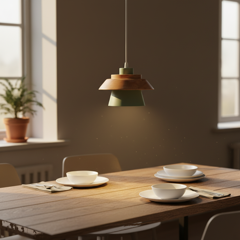 Suspension Nordique Macaron Bois et Métal Vert Sauge allumée diffusant sa lumière