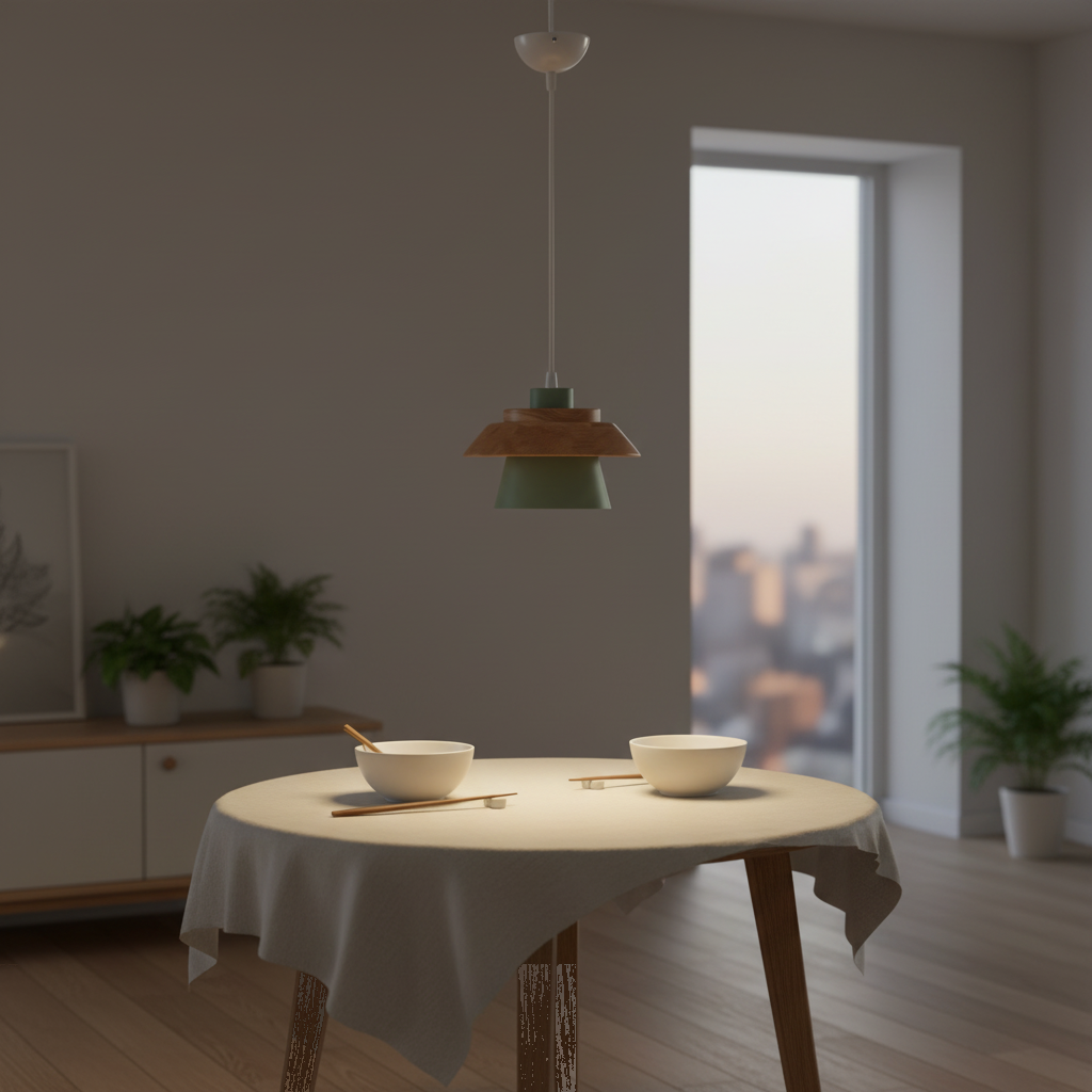 Suspension Nordique Macaron Bois et Métal Vert Sauge mise en ambiance dans un intérieur