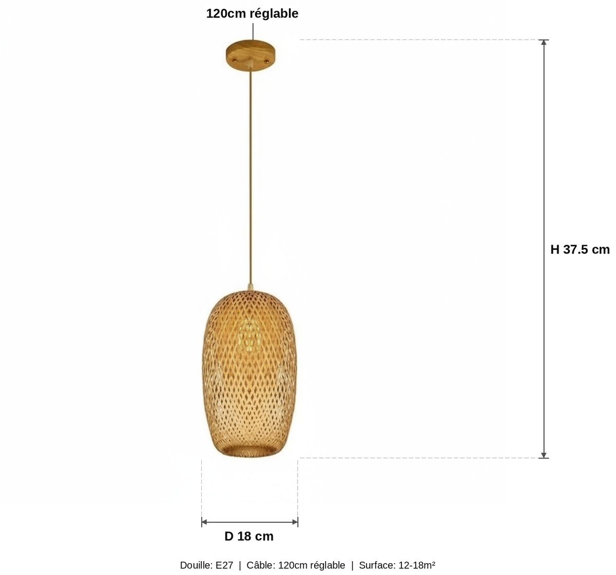 Lanterne Suspension Osier Tressé Bali Ovoïde 18×37,5cm - schéma des dimensions