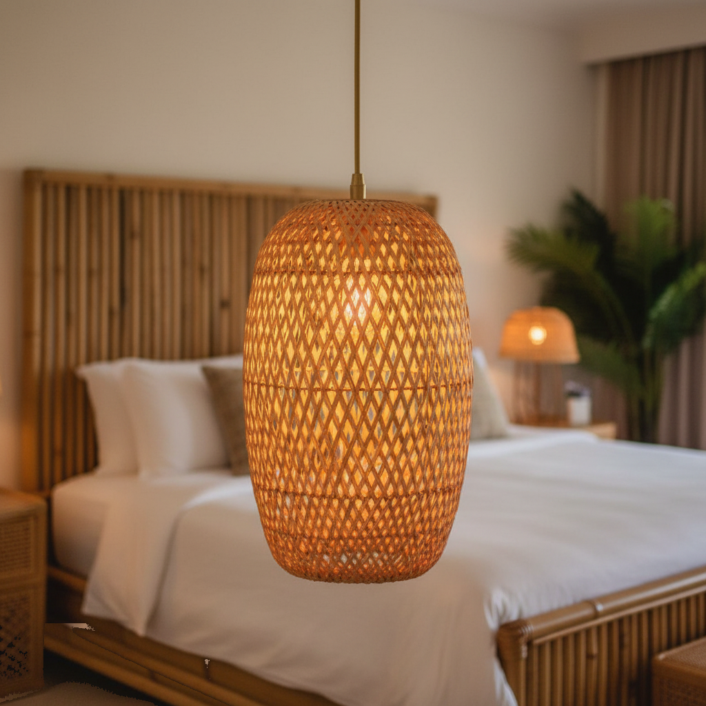 Lanterne Suspension Osier Tressé Bali Ovoïde 18×37,5cm mise en ambiance dans un intérieur