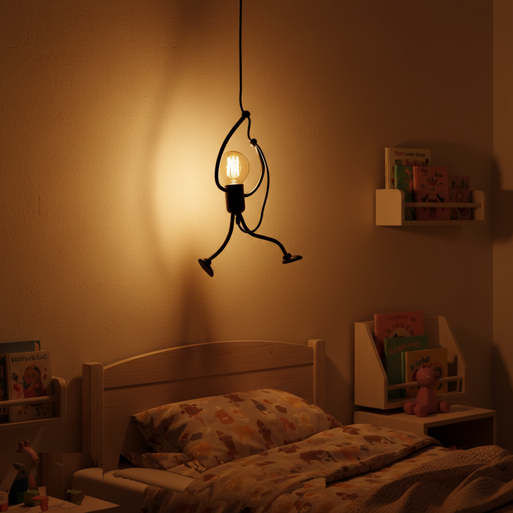 Suspension Petit Bonhomme Métal Noir Design allumée diffusant sa lumière