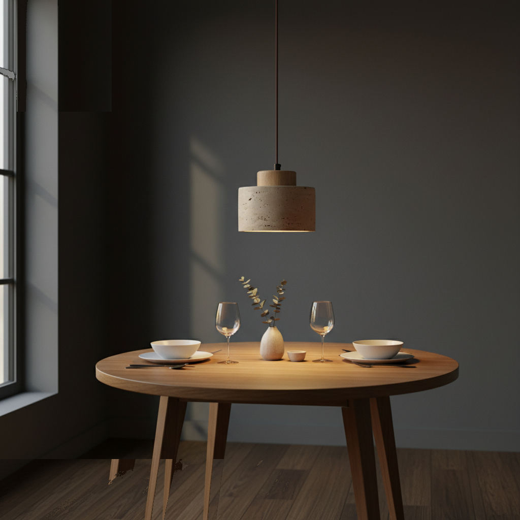 Suspension Pierre Naturelle et Bois Esprit Japandi allumée diffusant sa lumière
