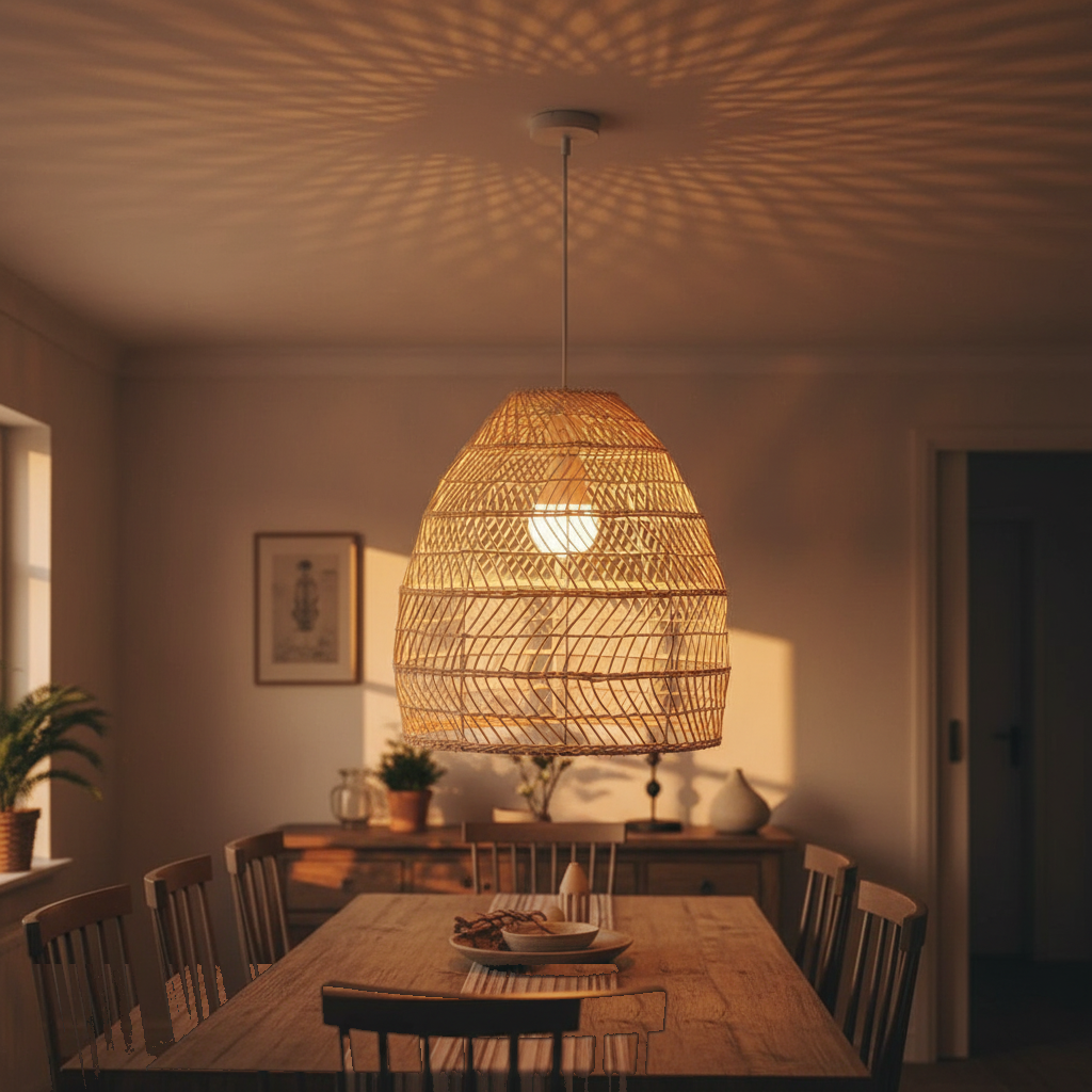 Suspension Rotin Cloche Tressée Style Bohème Japandi allumée diffusant sa lumière