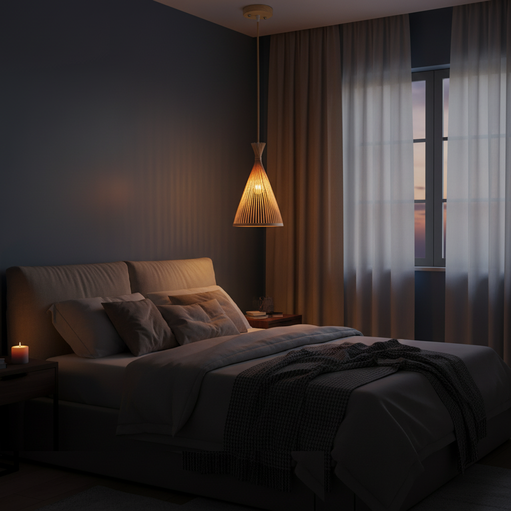 Suspension Rotin Cône Chambre Adulte 21x38cm allumée diffusant sa lumière - vue 1/2