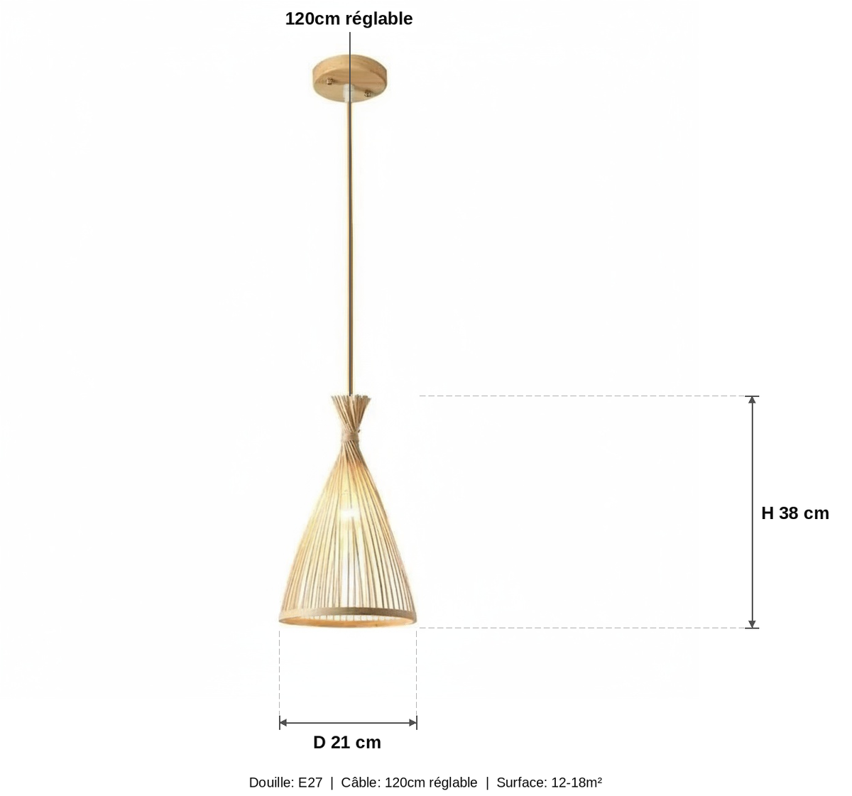 Suspension Rotin Cône Chambre Adulte 21x38cm - schéma des dimensions - vue 1/2
