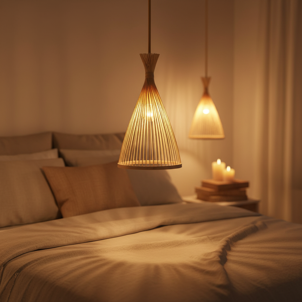 Suspension Rotin Cône Chambre Adulte 21x38cm mise en ambiance dans un intérieur - vue 1/2