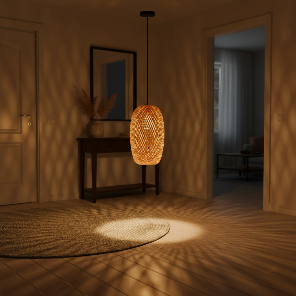 Suspension Rotin Design Entrée Couloir 18x38cm allumée diffusant sa lumière - vue 1/2
