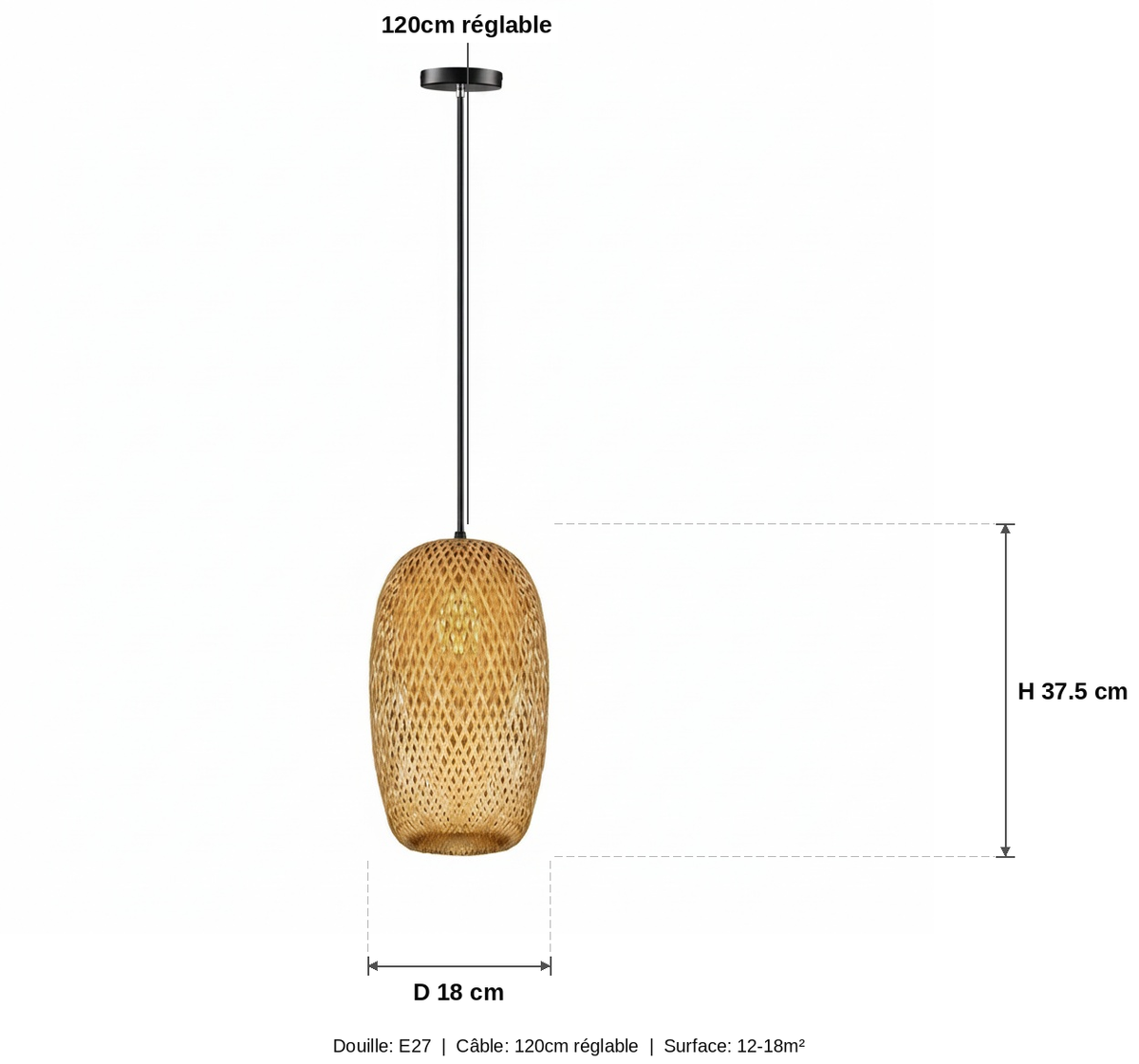 Suspension Rotin Design Entrée Couloir 18x38cm - schéma des dimensions - vue 1/2