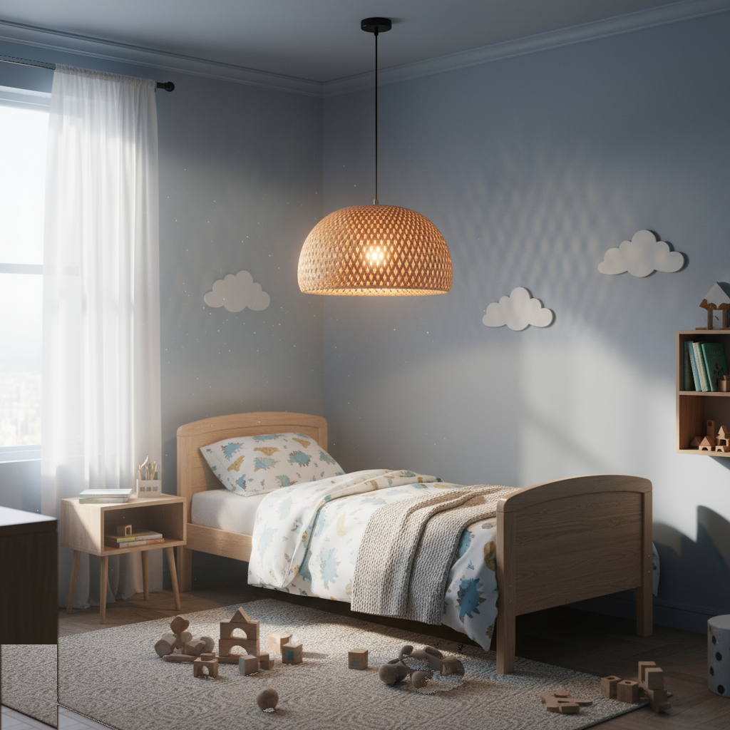 Suspension Rotin Naturel Rond 26cm Chambre Enfant allumée diffusant sa lumière - vue 1/2