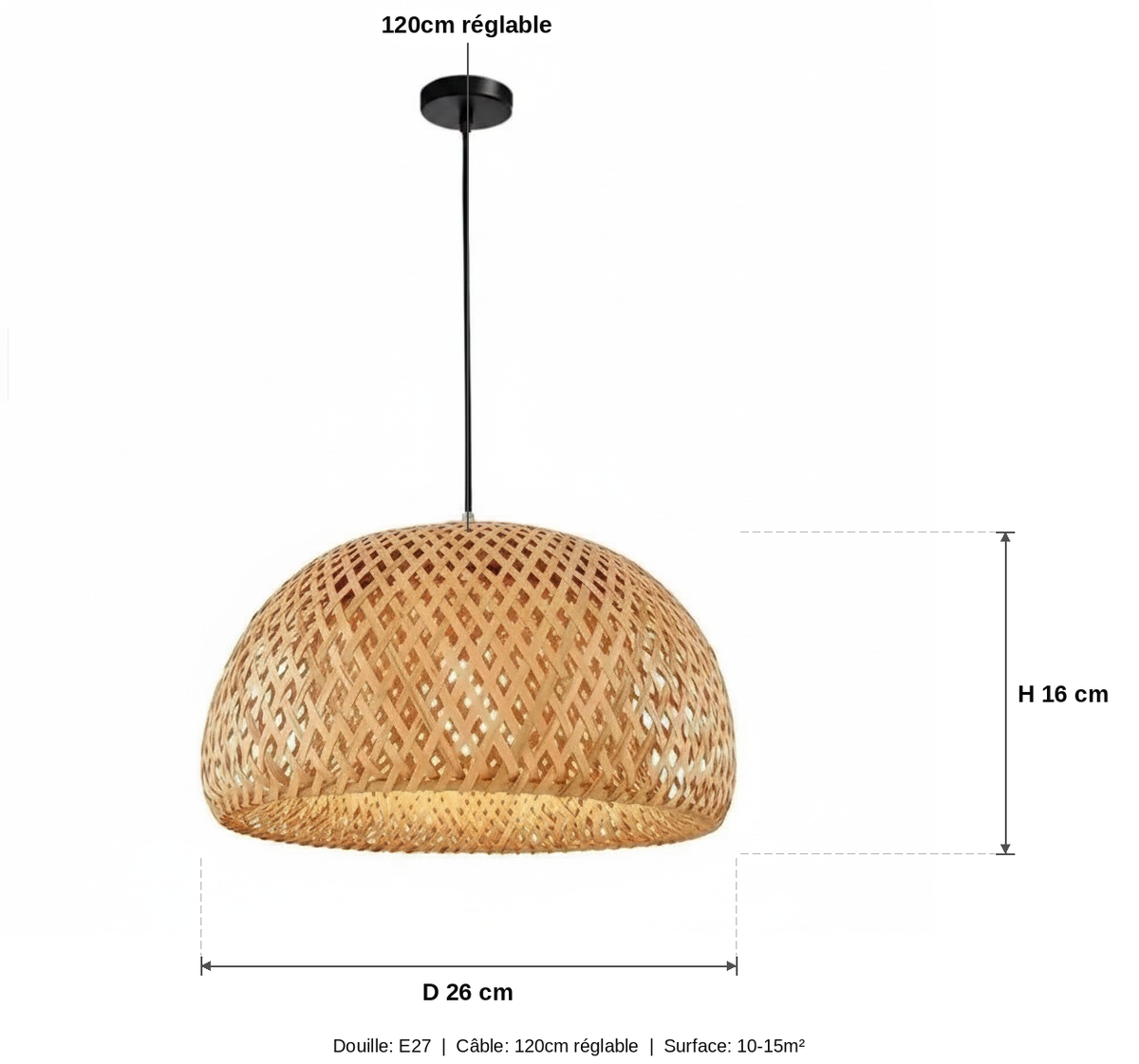 Suspension Rotin Naturel Rond 26cm Chambre Enfant - schéma des dimensions - vue 1/2