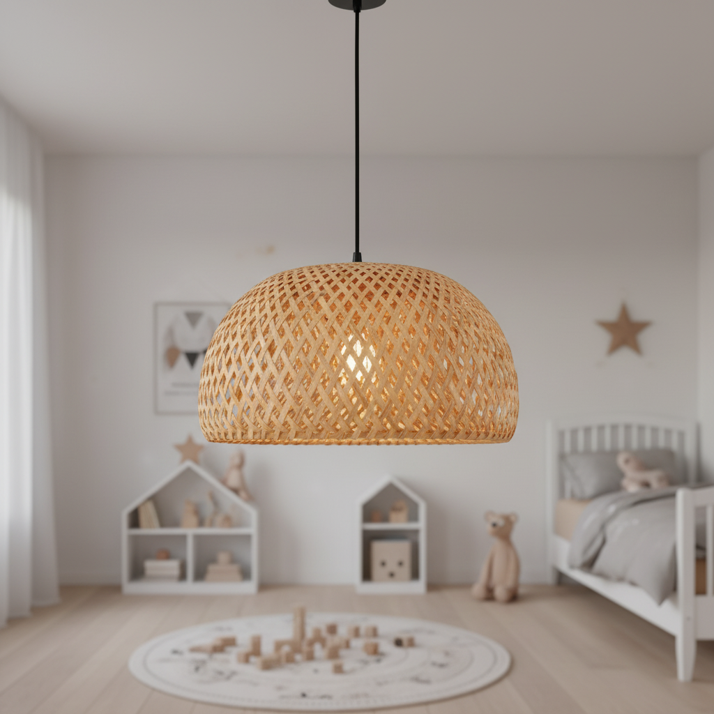 Suspension Rotin Naturel Rond 26cm Chambre Enfant mise en ambiance dans un intérieur - vue 1/2