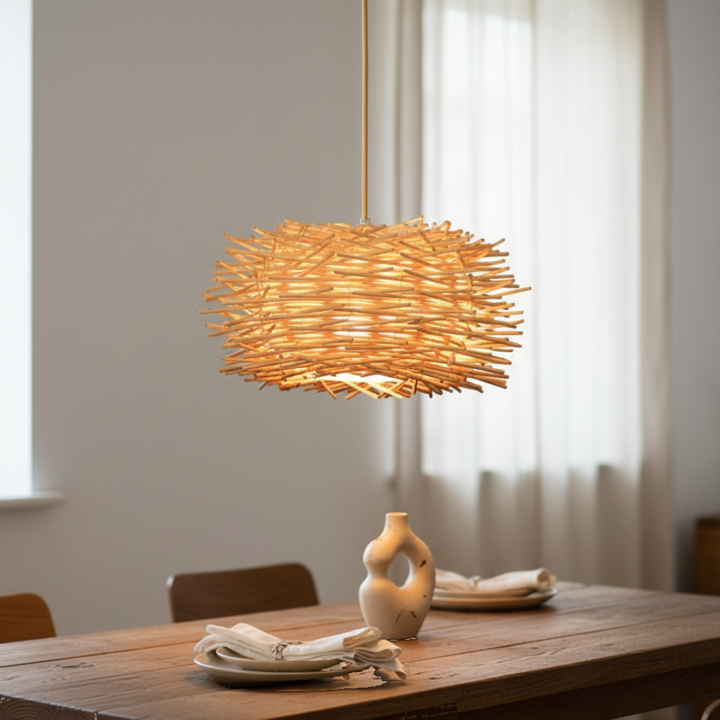 Suspension Rotin Nid d'Oiseau Wabi-Sabi mise en ambiance dans un intérieur