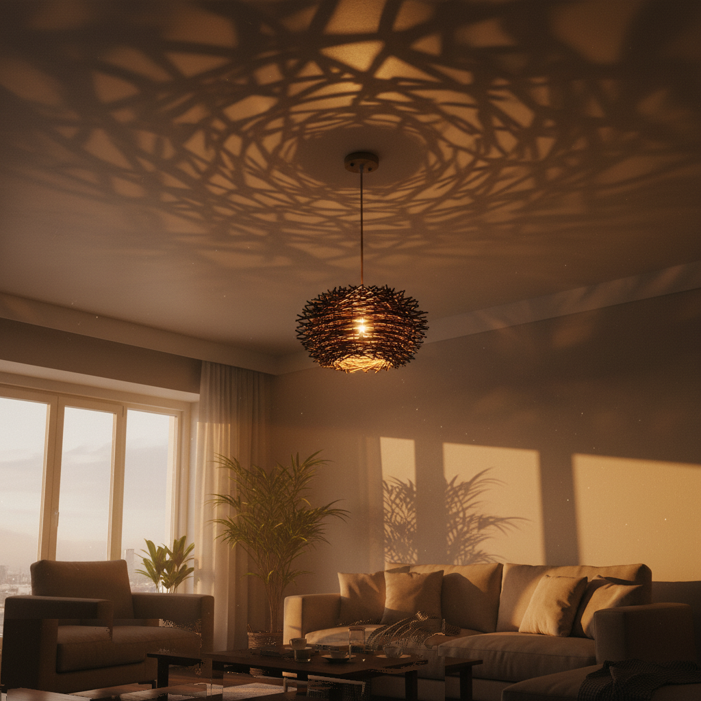 Suspension Rotin Nid Tressé Brun allumée diffusant sa lumière