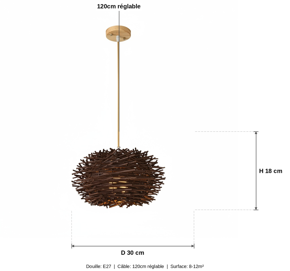 Suspension Rotin Nid Tressé Brun - schéma des dimensions