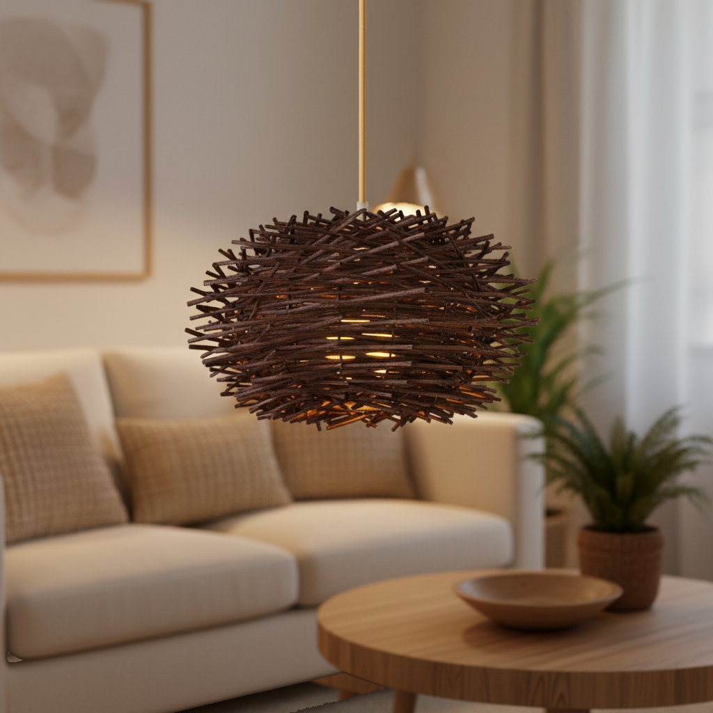 Suspension Rotin Nid Tressé Brun mise en ambiance dans un intérieur