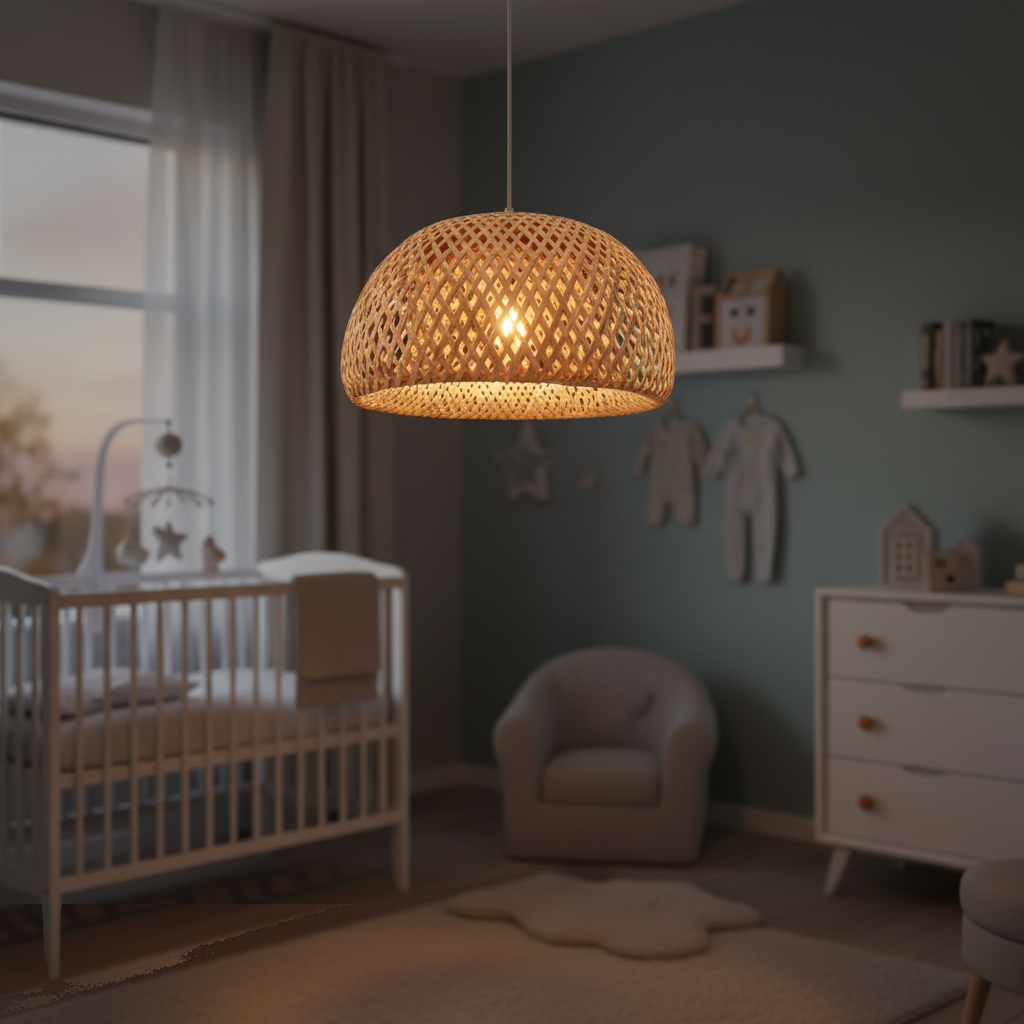 Suspension Rotin Tissé Chambre Bébé Douce 26cm allumée diffusant sa lumière - vue 1/2
