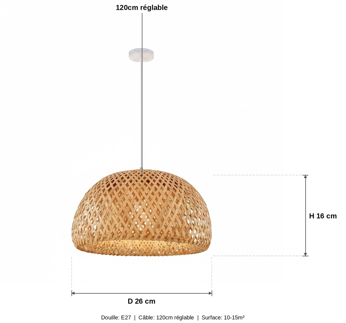 Suspension Rotin Tissé Chambre Bébé Douce 26cm - schéma des dimensions - vue 1/2