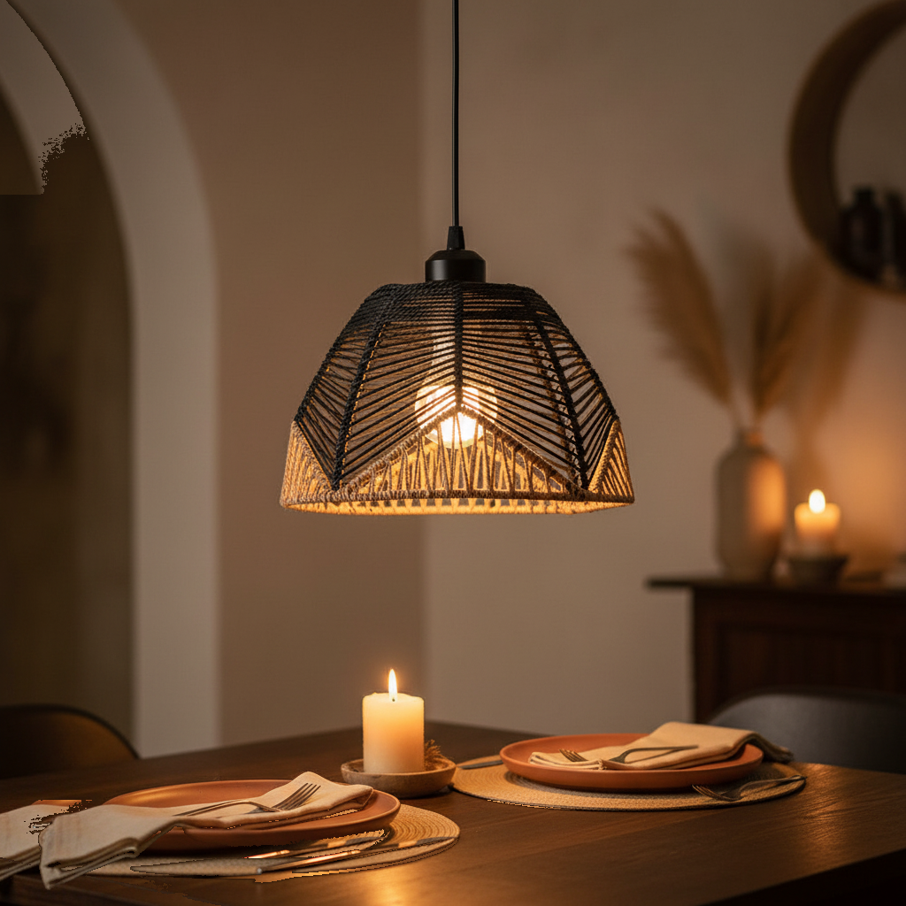 Suspension Rotin Tressé Bohème Abat-jour Ouvert mise en ambiance dans un intérieur