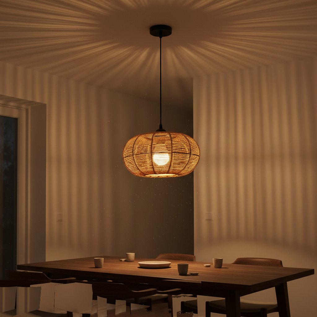 Suspension Rotin Tressé Bohème Aplatie Naturelle allumée diffusant sa lumière