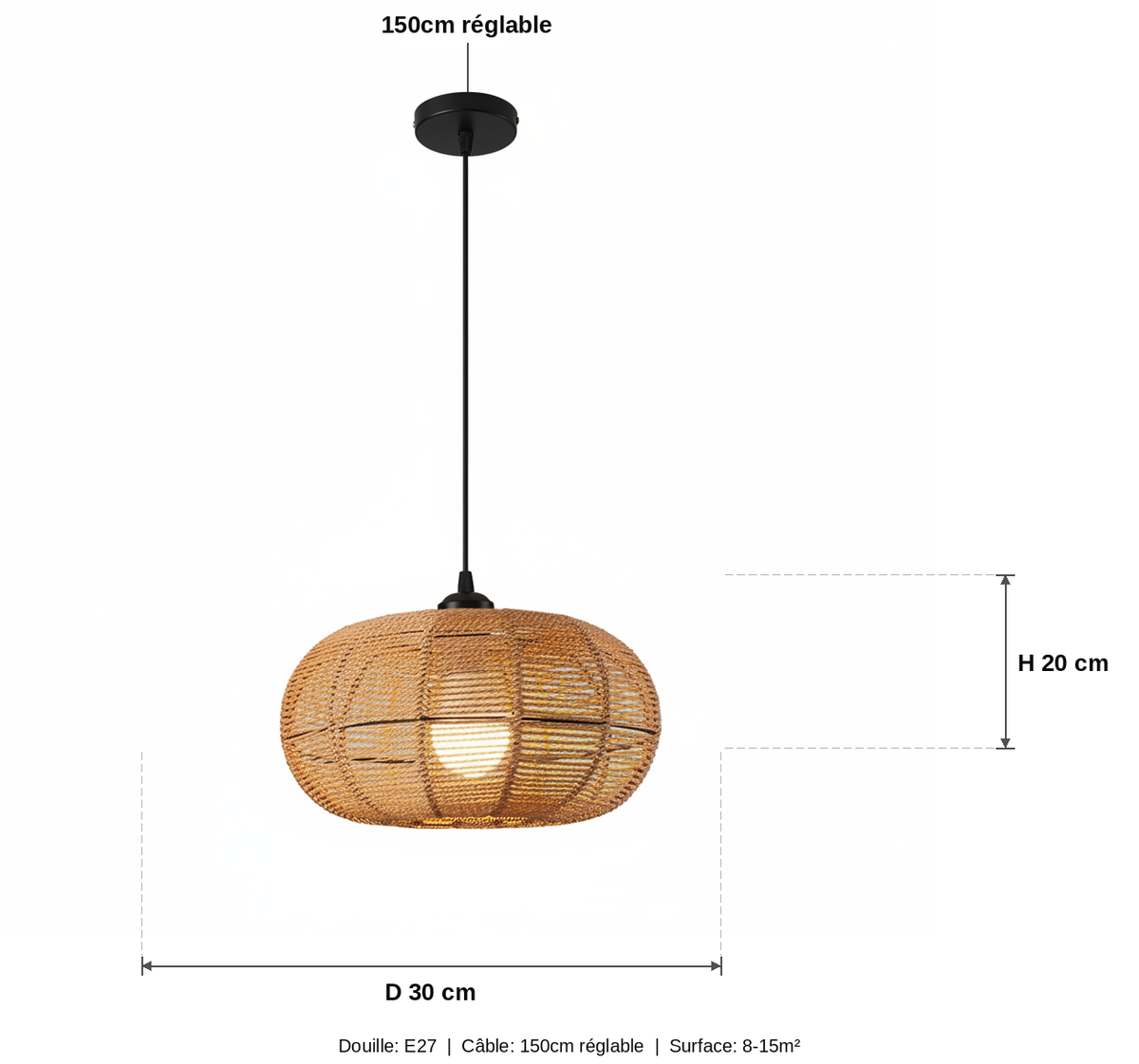 Suspension Rotin Tressé Bohème Aplatie Naturelle - schéma des dimensions