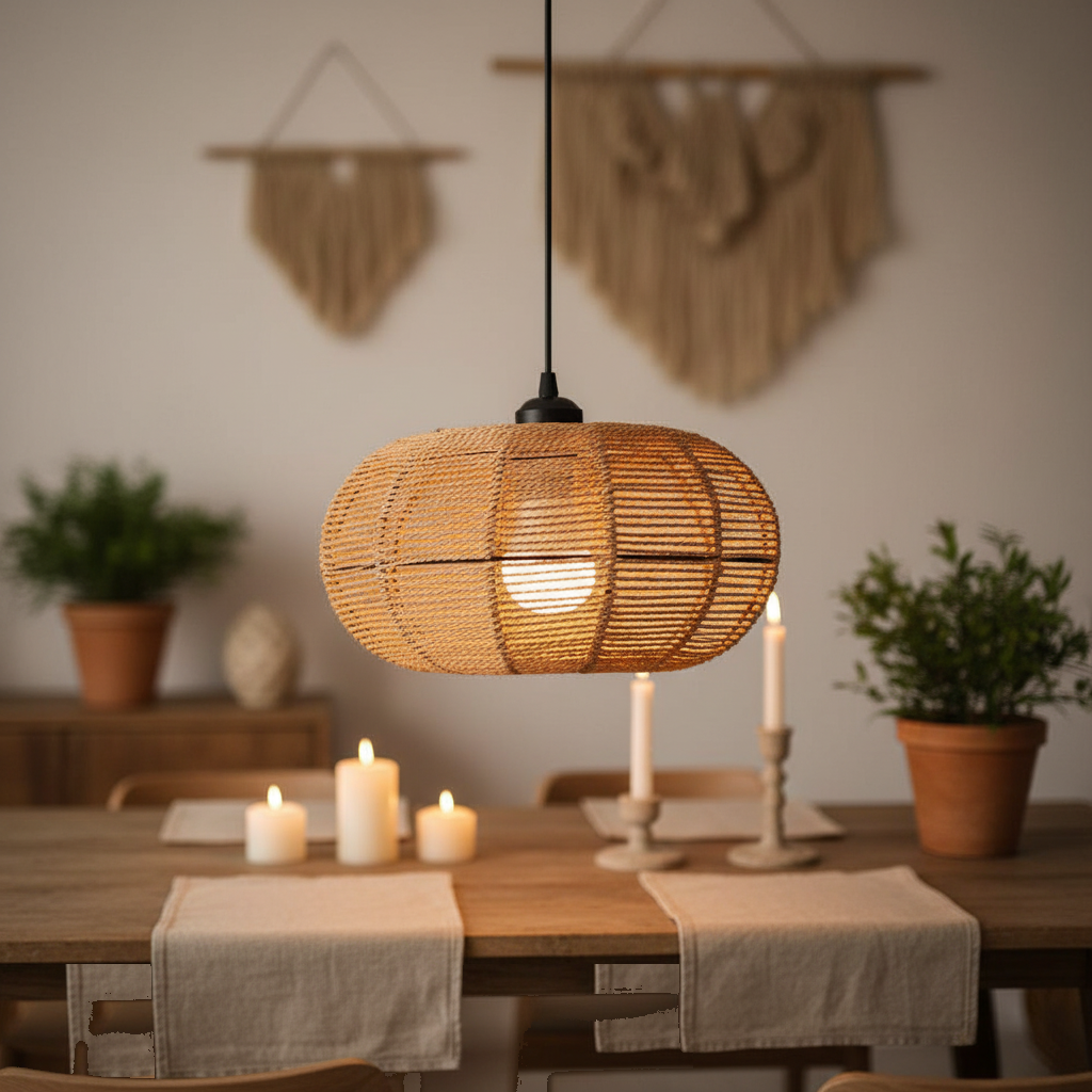 Suspension Rotin Tressé Bohème Aplatie Naturelle mise en ambiance dans un intérieur