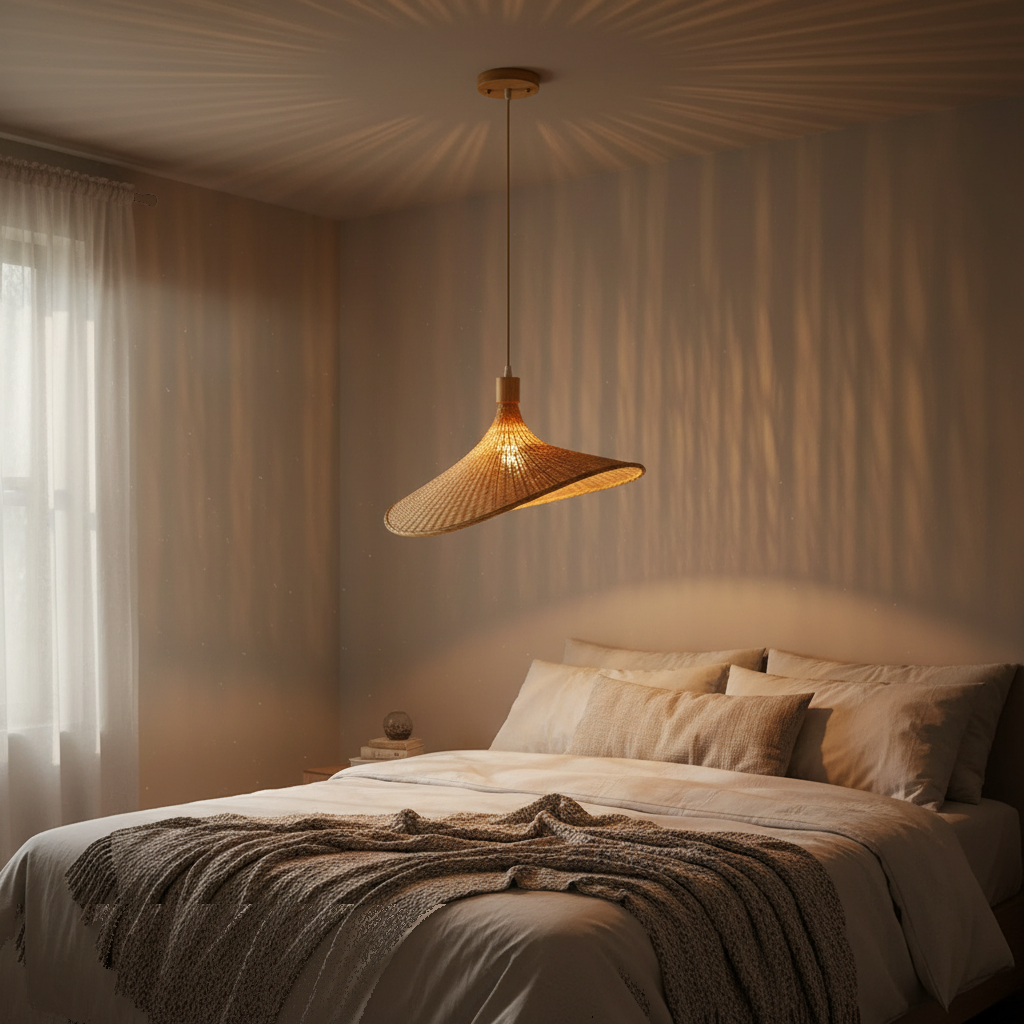 Suspension Rotin Tressé Bohème Naturelle 30cm allumée diffusant sa lumière - vue 1/2