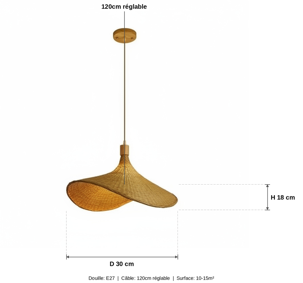 Suspension Rotin Tressé Bohème Naturelle 30cm - schéma des dimensions - vue 1/2