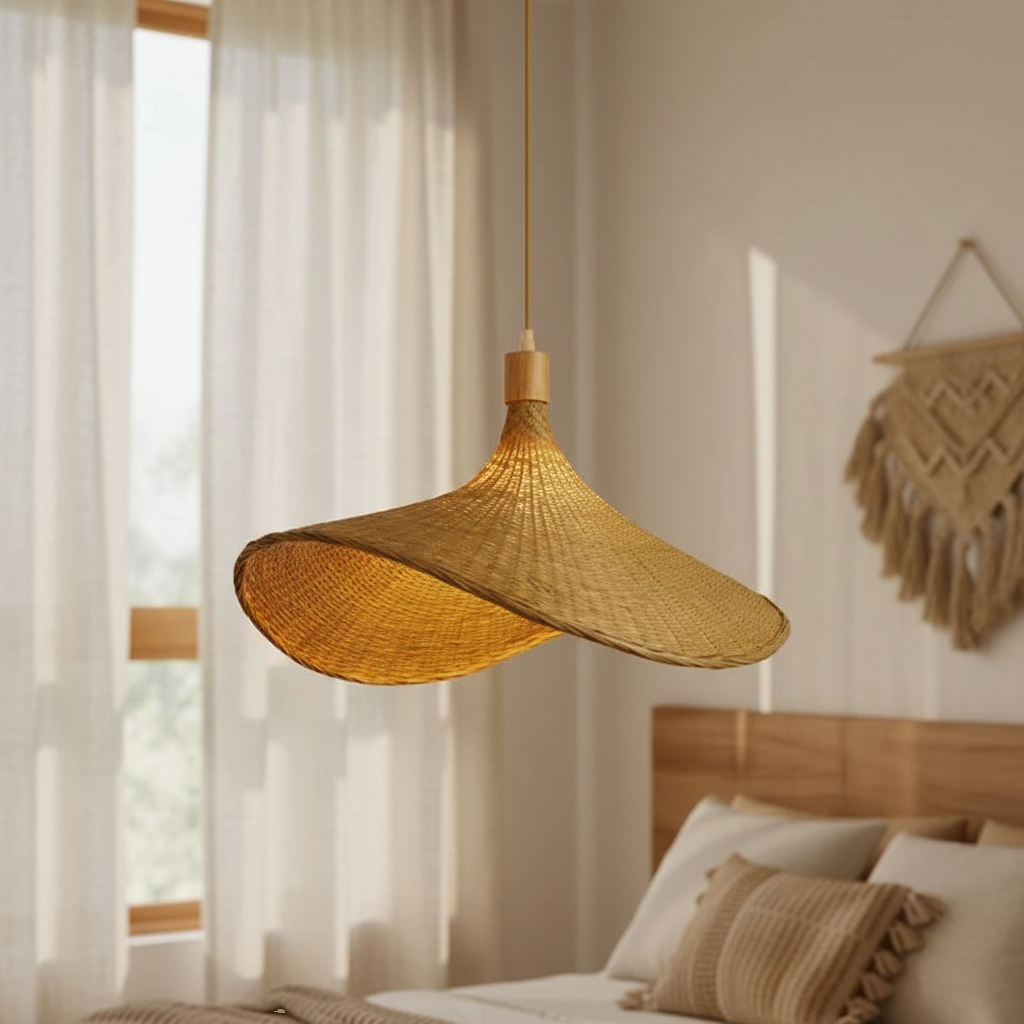 Suspension Rotin Tressé Bohème Naturelle 30cm mise en ambiance dans un intérieur - vue 1/2