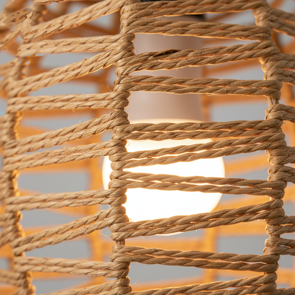Suspension Rotin Tressé Bohème - Abat-jour Ovale Naturel - gros plan sur les détails de fabrication