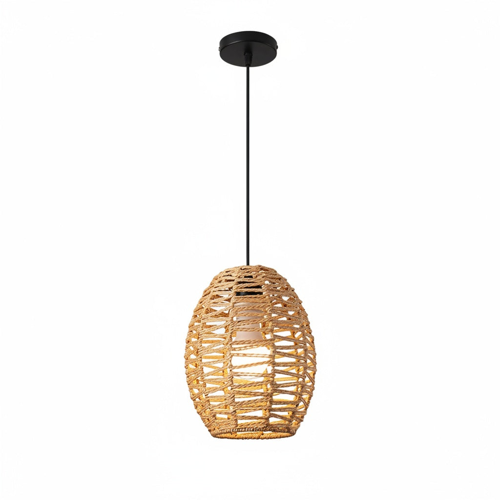 Suspension Rotin Tressé Bohème - Abat-jour Ovale Naturel - vue produit sur fond blanc