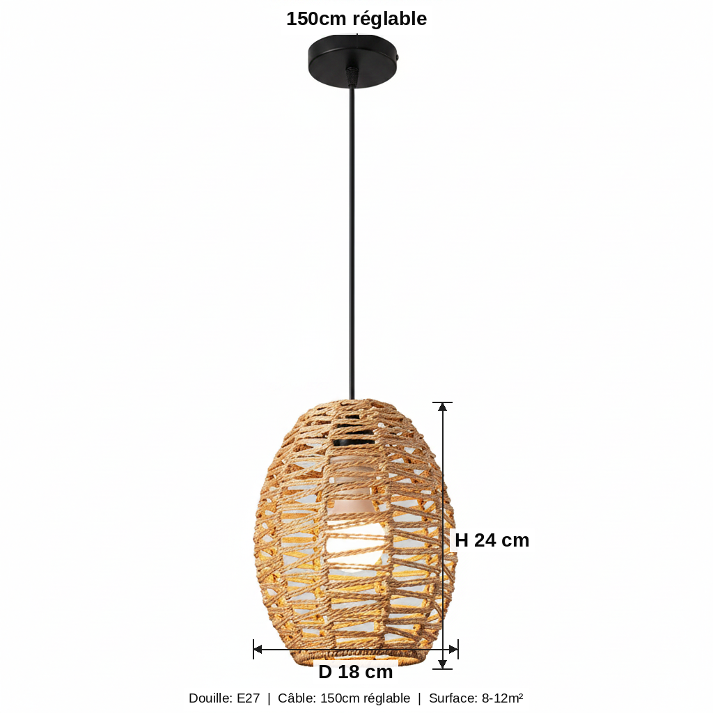 Suspension Rotin Tressé Bohème - Abat-jour Ovale Naturel - schéma des dimensions