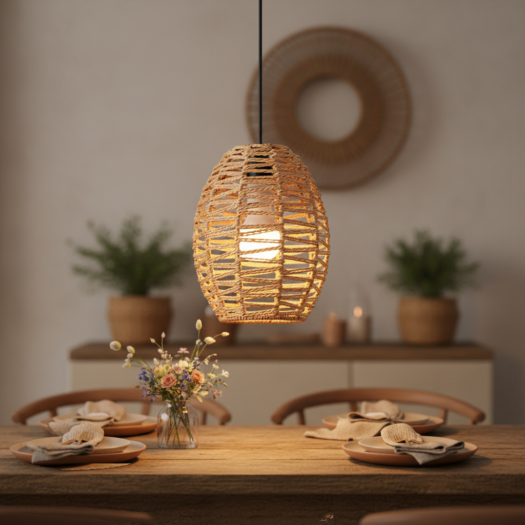 Suspension Rotin Tressé Bohème - Abat-jour Ovale Naturel mise en ambiance dans un intérieur