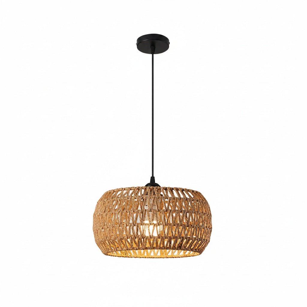 Suspension Rotin Tressé Bohème Tambour Naturelle - vue produit sur fond blanc