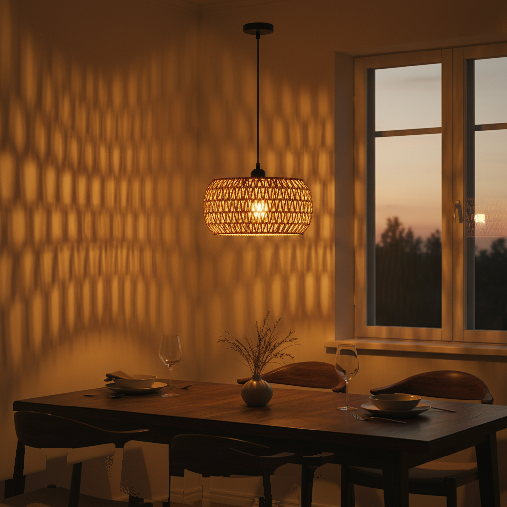Suspension Rotin Tressé Bohème Tambour Naturelle allumée diffusant sa lumière