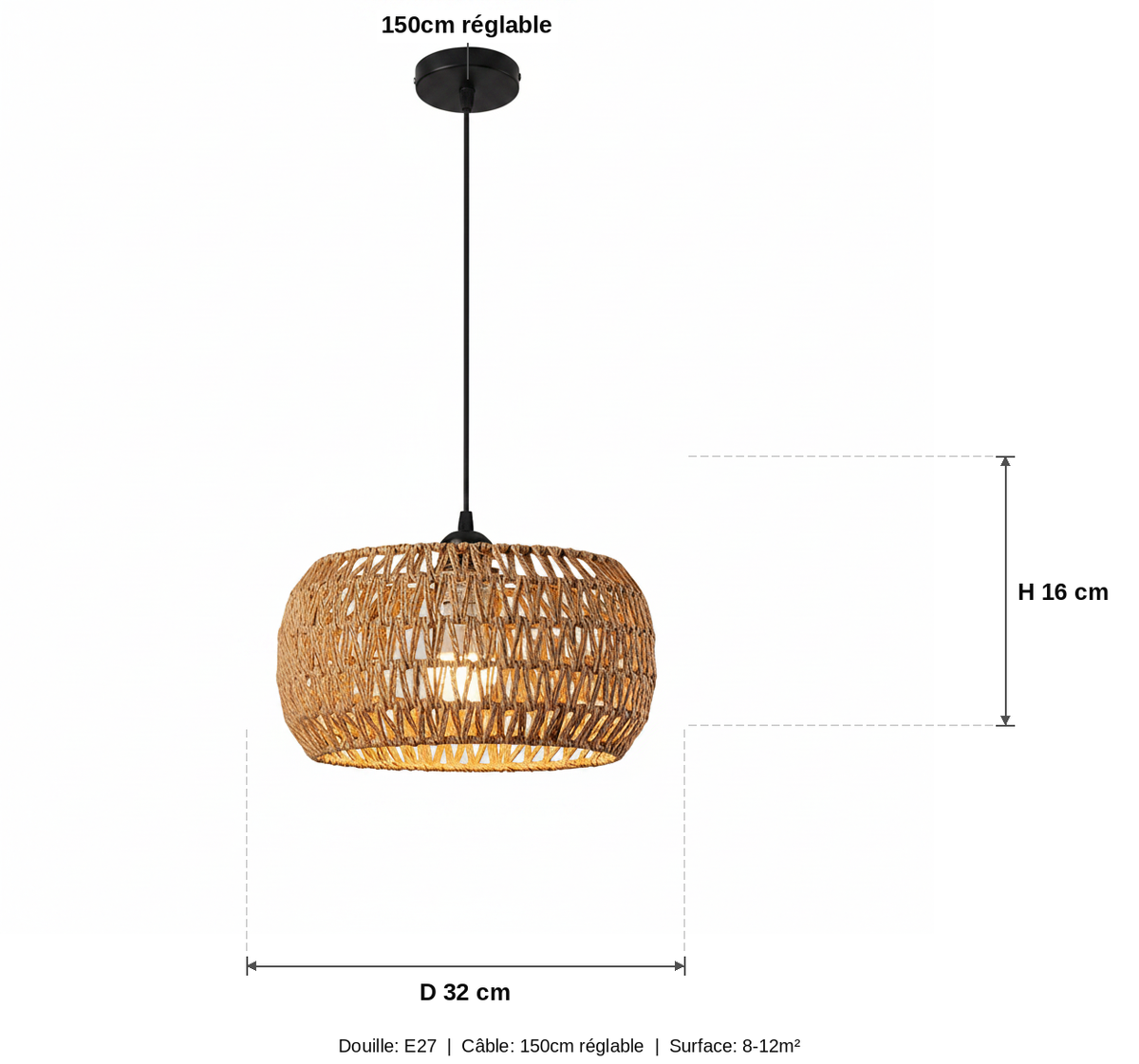 Suspension Rotin Tressé Bohème Tambour Naturelle - schéma des dimensions