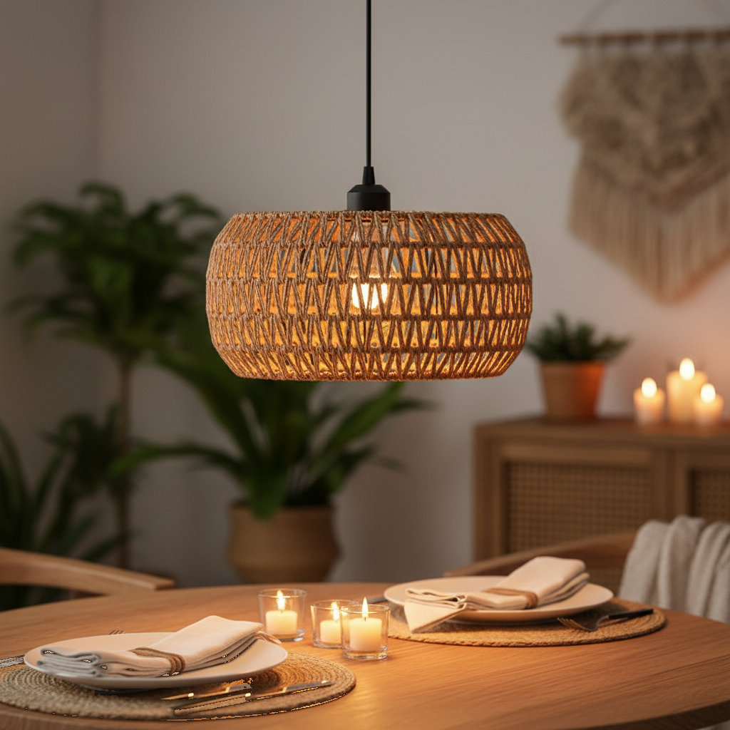 Suspension Rotin Tressé Bohème Tambour Naturelle mise en ambiance dans un intérieur