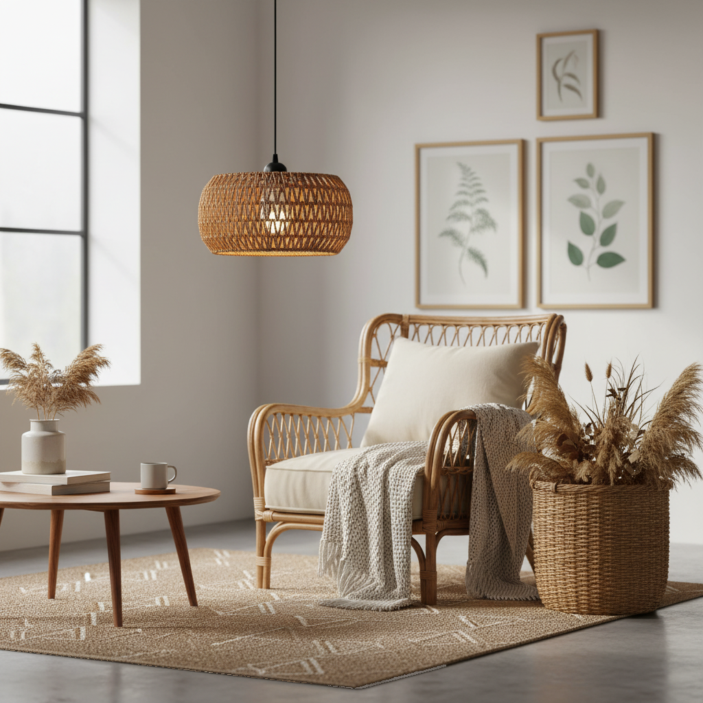 Suspension Rotin Tressé Bohème Tambour Naturelle en situation décorative