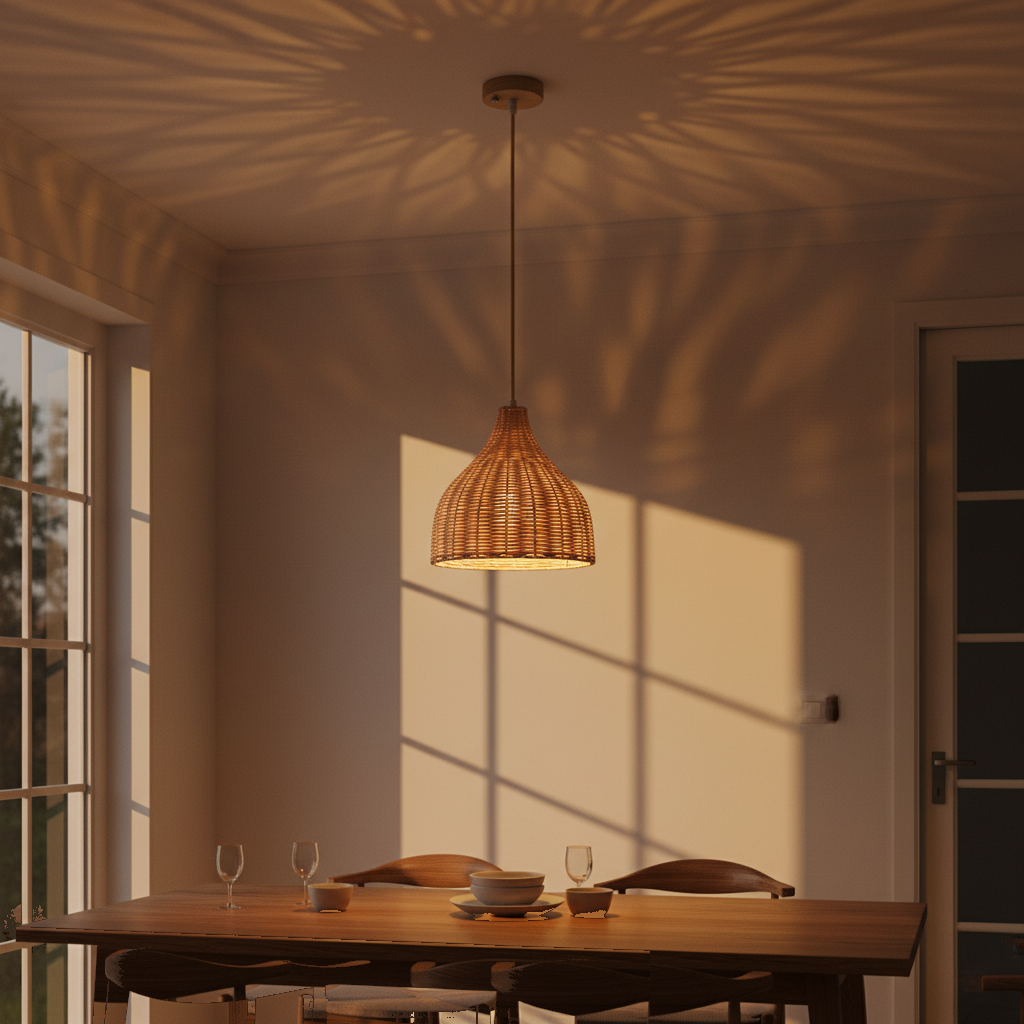Suspension Rotin Tressé Forme Cloche allumée diffusant sa lumière