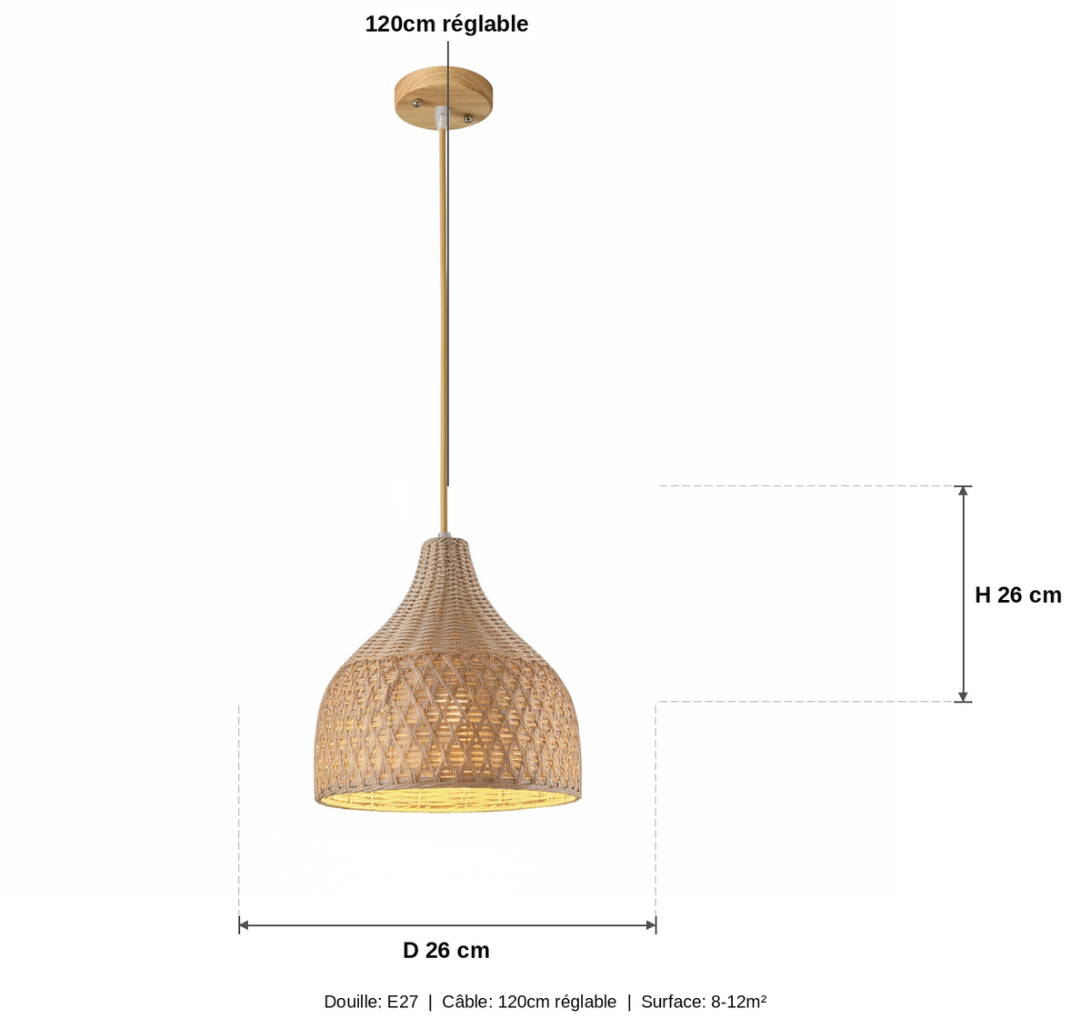 Suspension Rotin Tressé Forme Cloche - schéma des dimensions