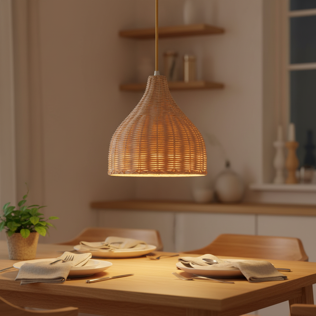 Suspension Rotin Tressé Forme Cloche mise en ambiance dans un intérieur