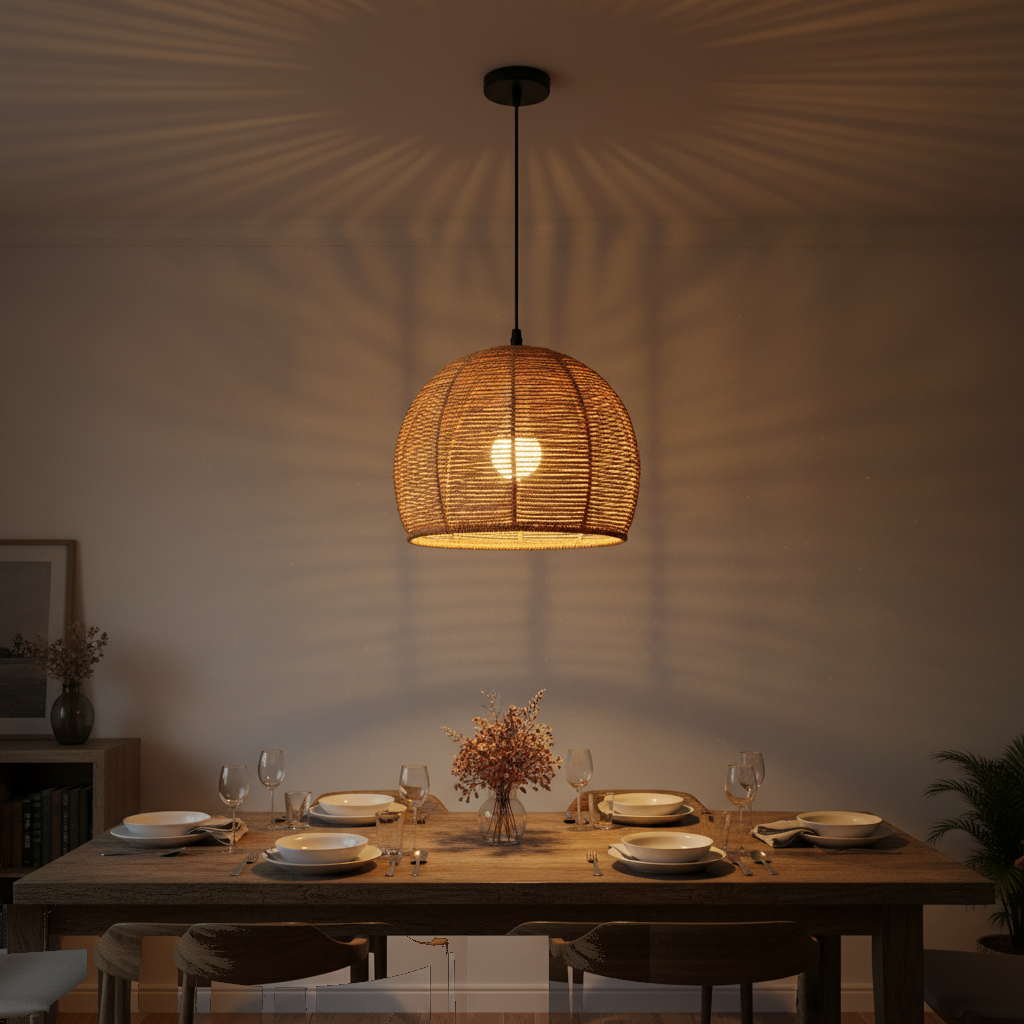 Suspension Rotin Tressé Dôme Bohème Naturel allumée diffusant sa lumière