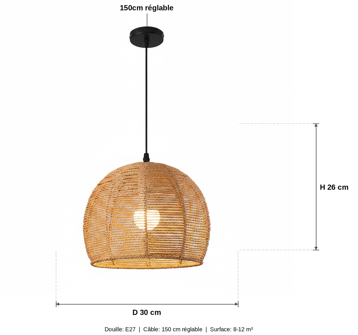 Suspension Rotin Tressé Dôme Bohème Naturel - schéma des dimensions
