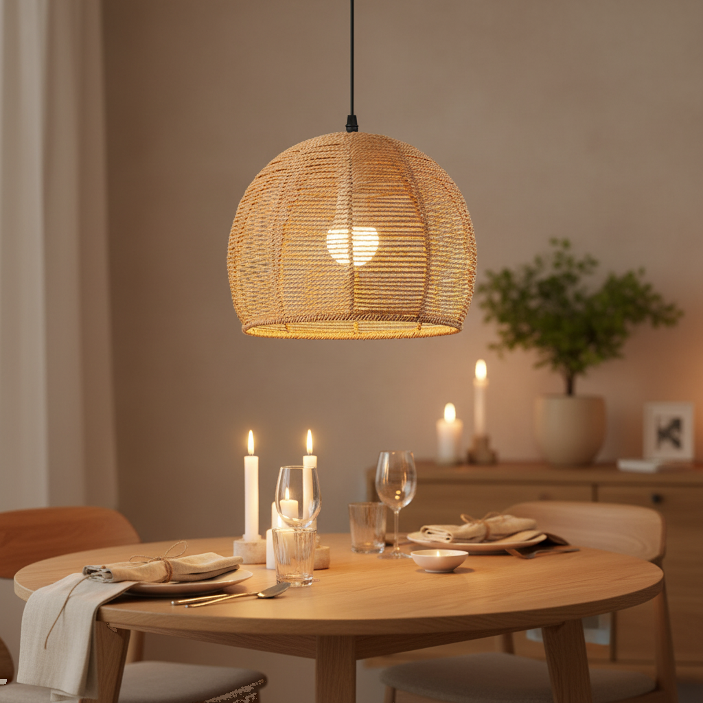 Suspension Rotin Tressé Dôme Bohème Naturel mise en ambiance dans un intérieur