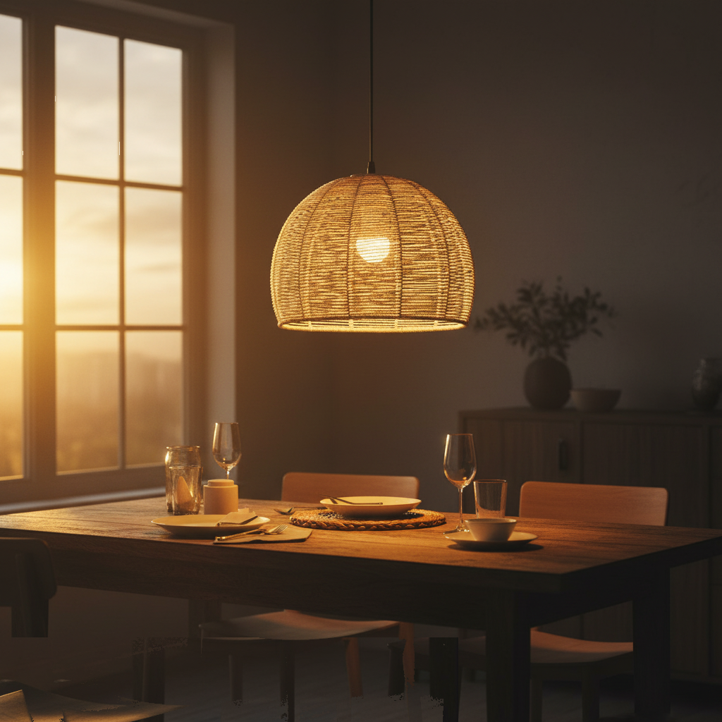 Suspension Rotin Tressé Dôme Naturel Bohème allumée diffusant sa lumière